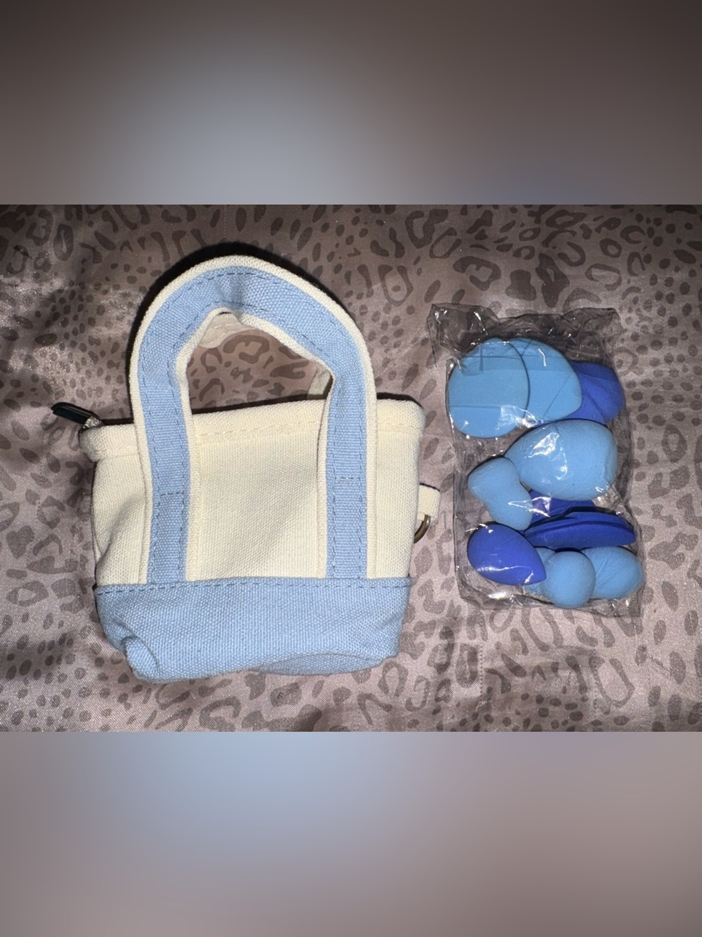 Canvas Mini Tote Bag in Cream and Light Blue with makeup sponges